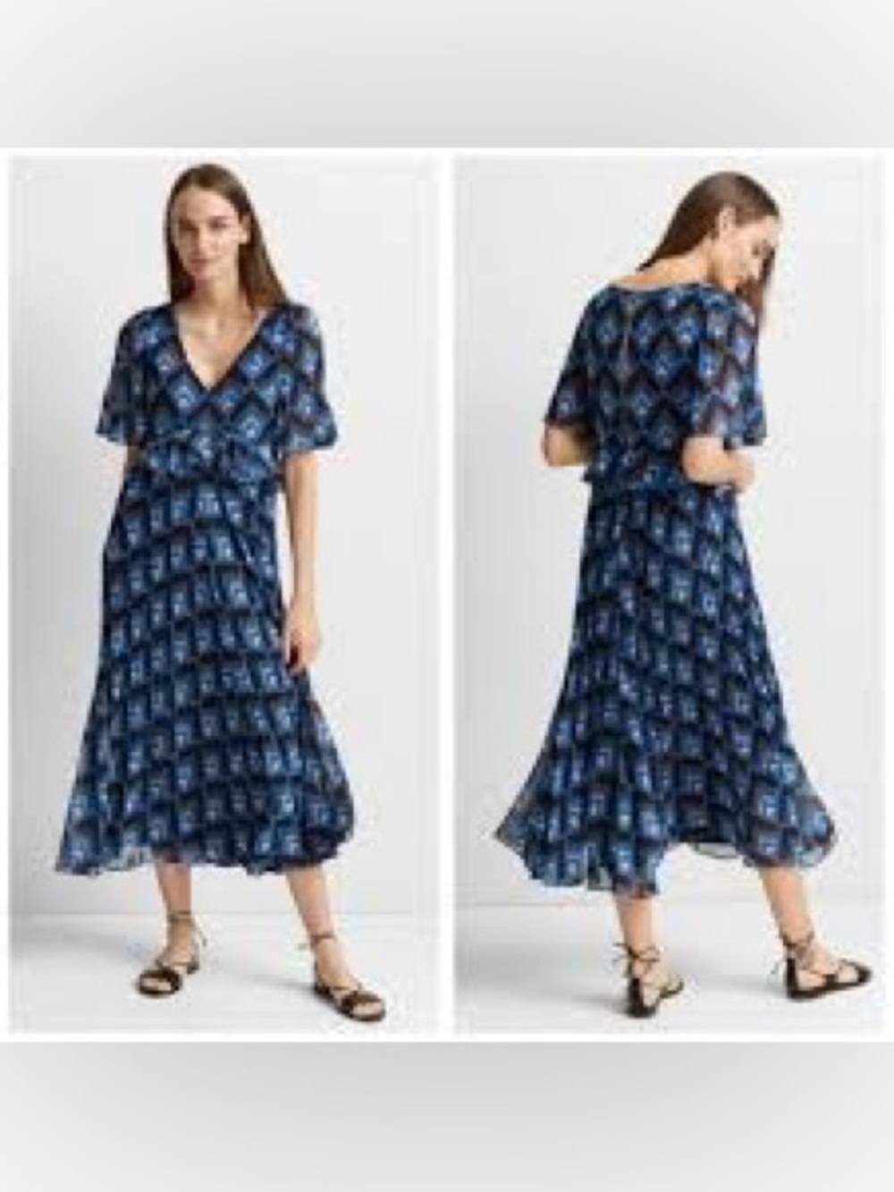NWT Club Monaco Gostanzah Pleated Geometric Midi Ruffle Chiffon Dress Size 2
